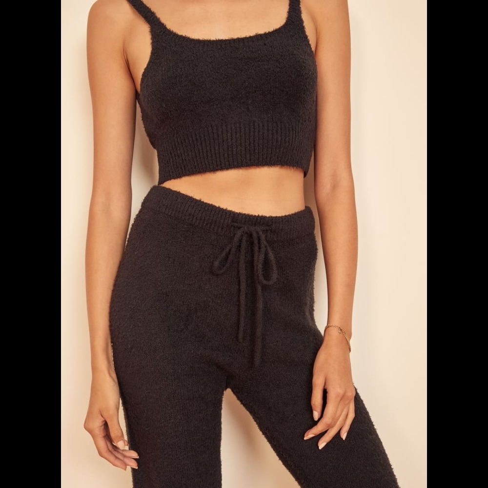 Reformation Monte 2 Piece Fuzzy Black Lounge Set NWOT
